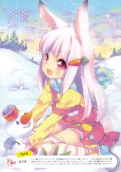 Rule 34 | 1girl, absurdres, animal ears, blue footwear, blue scarf, brown eyes, carrot, cloud, dress, ech, hair ornament, hairclip, highres, long hair, mittens, open mouth, orange sweater, original, pink mittens, rabbit ears, rabbit tail, red dress, scarf, shoes, short dress, silver hair, sitting, sky, smile, snow, snowman, solo, strap slip, striped clothes, striped thighhighs, sweater, tail, thighhighs, thighs, tree