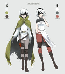 Rule 34 | 1boy, 1girl, android, anemone (nier:automata) (cosplay), anemone (nier:automata), belt, blindfold, boots, breasts, character name, cloak, color guide, cosplay, english text, fabric, gloves, grey background, hira (otemoto84), knee boots, knee pads, long sleeves, medium breasts, midriff, mole, mole under mouth, nier:automata, nier (series), pale skin, pants, popola, popola (cosplay), pouch, short hair, short sleeves, smile, standing, text focus, thigh strap, white hair, 2b (nier:automata), 9s (nier:automata)