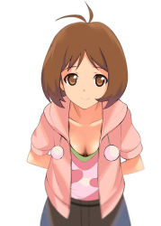 Rule 34 | 00s, 1girl, a1 (initial-g), breasts, brown eyes, brown hair, cleavage, downblouse, female focus, hidaka ai, idolmaster, idolmaster dearly stars, leaning forward, short hair, simple background, smile, solo, white background