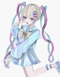 Rule 34 | 1girl, :d, absurdres, blonde hair, blue bow, blue eyes, blue footwear, blue hair, blue nails, blue shirt, blue skirt, bow, chouzetsusaikawa tenshi-chan, commentary, double v, hair bow, hand up, highres, kanau (u u zzx), long hair, long sleeves, looking at viewer, multicolored hair, multicolored nails, needy girl overdose, open mouth, pink bow, pink hair, pleated skirt, purple bow, quad tails, romaji commentary, sailor collar, school uniform, serafuku, shirt, shoes, simple background, skirt, smile, solo, standing, standing on one leg, twintails, v, very long hair, white background, yellow bow, yellow nails