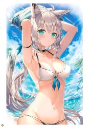 Rule 34 | 1girl, absurdres, animal ear fluff, animal ears, aqua eyes, armpits, arms up, artist name, bikini, blue sky, blush, breasts, choker, cleavage, closed mouth, cloud, cloudy sky, collarbone, day, earrings, fox ears, fox tail, highres, hololive, jewelry, looking at viewer, medium breasts, navel, ocean, outdoors, rin yuu, scan, shirakami fubuki, signature, silver hair, simple background, sky, solo, sparkle, stomach, swimsuit, tail, virtual youtuber, water, water drop