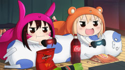 Rule 34 | &gt;:d, 10s, 2girls, :d, :t, blonde hair, brown hair, chibi, chips (food), coca-cola, controller, crossover, d.va (gremlin), d.va (overwatch), doma umaru, doritos, dualshock, facial mark, food, game controller, gamepad, glowing, hamster costume, himouto! umaru-chan, komaru (himouto! umaru-chan), lay&#039;s (potato chips), lindaroze, mountain dew, multiple girls, open mouth, overwatch, overwatch 1, playstation controller, potato chips, smile, v-shaped eyebrows, watermark, wavy mouth, web address, whisker markings