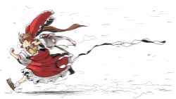 Rule 34 | 1girl, ascot, bow, breath, brown footwear, brown hair, detached sleeves, frilled bow, frilled skirt, frills, from side, gohei, hair bow, hair tubes, hakurei reimu, highres, large bow, long hair, motion blur, motion lines, ponytail, red shirt, red skirt, ribbon-trimmed sleeves, ribbon trim, running, shirt, shoes, simple background, skirt, sleeveless, sleeveless shirt, solo, touhou, usagi (touhopu2), very long hair, white background, white legwear, wide sleeves