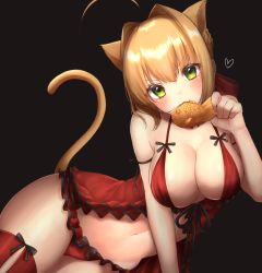 Rule 34 | 1girl, :3, ahoge, animal ears, arm ribbon, babydoll, bare shoulders, black background, black ribbon, blonde hair, blush, bow, bow panties, braid, breasts, cat ears, cat tail, cleavage, fang, fate/extra, fate/extra ccc, fate (series), food, frilled panties, frills, green eyes, hair between eyes, hair intakes, heart, highres, large breasts, looking at viewer, mouth hold, navel, nero claudius (fate), nero claudius (fate) (all), nero claudius (fate/extra), panties, paw pose, red babydoll, red panties, red thighhighs, ribbon, simple background, skindentation, smile, solo, tail, taiyaki, thighhighs, underwear, wagashi, yayoi maka