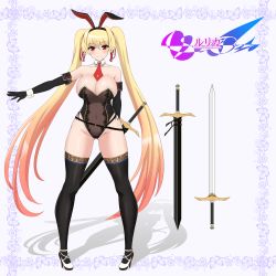Rule 34 | animal ears, arm behind back, black thighhighs, blonde hair, blush, breasts, bug, butterfly, commentary request, detached collar, elbow gloves, fake animal ears, floral background, frills, full body, gloves, gluteal fold, groin, high heels, insect, kenshi rurika, large breasts, long hair, looking at viewer, multicolored hair, necktie, nekopanch0852, original, red necktie, see-through, shadow, sheath, smile, solo, standing, sword, thick thighs, thighhighs, thighs, two-tone hair, very long hair, weapon, white frills, wide hips
