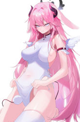 Rule 34 | 1girl, absurdres, animal ears, bare hips, blue eyes, breasts, breasts apart, china dress, chinese clothes, choker, covered navel, cowboy shot, dress, dress tug, floppy ears, grin, hair between eyes, hair intakes, heart, heart choker, highres, horns, jitome, large breasts, long hair, looking at viewer, messy hair, original, pink hair, rabbit ears, rima (0136), sideboob, sidelocks, simple background, single thighhigh, smile, solo, tail, thighhighs, tsurime, very long hair, white background, white dress, white thighhighs, wings