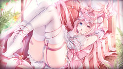 Rule 34 | 1girl, animal ear fluff, animal ears, ass, bell, blue eyes, breasts, cat ears, cat girl, cat tail, couch, heterochromia, highres, jingle bell, knees up, long hair, looking at viewer, lying, manman manyou haiyang de paomo, medium breasts, on back, original, panties, pink eyes, pink hair, red ribbon, ribbon, solo, tail, tail bell, tail ornament, thighhighs, thighs, underwear, very long hair, white panties, white thighhighs