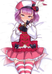 Rule 34 | 1girl, blouse, blush, breasts, collared shirt, fate/grand order, fate (series), gloves, hat feather, helena blavatsky (fate), helena blavatsky (that&#039;s so mahatmau2606) (fate), looking at viewer, official alternate costume, pink thighhighs, purple eyes, purple hair, senbon tsuki, shirt, small breasts, smile, solo, striped clothes, striped thighhighs, thighhighs, thighs, white shirt, white sleeves