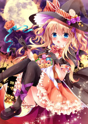 Rule 34 | 1girl, basket, bat wings, black gloves, black thighhighs, blonde hair, blue eyes, bow, candy, demon tail, food, full moon, gloves, hair bow, hair ribbon, halloween, hat, holding, jack-o&#039;-lantern, lollipop, long hair, looking at viewer, mary janes, mio-chan (nogi takayoshi), moon, nogi takayoshi, original, ribbon, shoes, solo, tail, thighhighs, two side up, wand, wings, witch hat