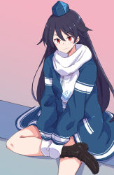 Rule 34 | 1girl, adapted costume, black footwear, black hair, blue dress, blue hat, boots, closed mouth, clothes writing, dress, hair between eyes, hat, highres, iizunamaru megumu, jack (wkm74959), light smile, long hair, long sleeves, looking at viewer, mittens, one-hour drawing challenge, red eyes, scarf, sitting, solo, tokin hat, touhou, white mittens, white scarf