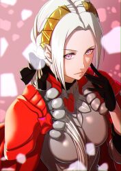 Rule 34 | 1girl, aduti momoyama, armor, black bow, black gloves, boobplate, bow, breastplate, breasts, cape, chromatic aberration, closed mouth, edelgard von hresvelg, fire emblem, fire emblem: three houses, fire emblem warriors: three hopes, gloves, gradient background, hair bow, hair intakes, hand up, highres, long hair, medium breasts, nintendo, official alternate costume, pink eyes, red armor, red cape, shoulder armor, solo, turtleneck, white hair