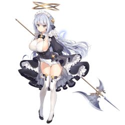 Rule 34 | 1girl, black footwear, braid, breasts, dennou tenshi djibril, double halo, full body, grey eyes, halberd, halo, holding, holding weapon, juliet sleeves, large breasts, long hair, long sleeves, maid headdress, official art, petticoat, polearm, puffy sleeves, showgirl skirt, sideboob, silver hair, solo, thighhighs, transparent background, weapon, white thighhighs