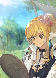 Rule 34 | 1girl, absurdres, au ra, warrior of light (ff14), blonde hair, blurry, blurry background, bra, chain, choker, closed mouth, day, final fantasy, final fantasy xiv, fingerless gloves, flower, gloves, hair flower, hair ornament, hand mirror, hand on own cheek, hand on own face, hide (hideout), high ponytail, highres, horns, long hair, long sleeves, looking at object, mirror, outdoors, parted bangs, scales, smile, solo, underwear, upper body, yellow eyes