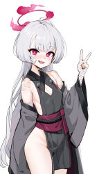 Rule 34 | 1girl, absurdres, ahoge, ass, bandaged arm, bandages, bare shoulders, bell, black nails, blue archive, blush, clothing cutout, cowboy shot, detached sleeves, fingernails, flat chest, gauze, gauze on face, grey sleeves, halo, highres, japanese clothes, jingle bell, long hair, looking at viewer, mr tangsuyuk, nail polish, obi, open mouth, red eyes, red halo, sash, shuro (blue archive), simple background, smile, solo, v, white background, white hair