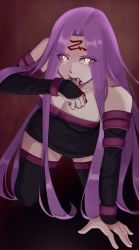 Rule 34 | 1girl, blood, blood from mouth, facial mark, fate/stay night, fate (series), forehead, forehead mark, highres, long hair, looking at viewer, medusa (fate), medusa (rider) (fate), nikumaki43, purple hair, solo, very long hair, yellow eyes