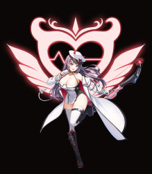 Rule 34 | 1girl, aeri (closers), aqua eyes, armband, armpits, bare shoulders, black choker, black footwear, boots, bow (weapon), breasts, buttons, choker, cleavage, closers, coat, collarbone, crying emoji, demon horns, demon tail, double-breasted, dress, emoji, fake horns, fake tail, gloves, hair ornament, hairclip, halterneck, hand up, hat, highres, holding, holding bow (weapon), holding weapon, horns, knee boots, large breasts, leg up, long hair, long sleeves, looking at viewer, mole, mole under mouth, no panties, non-web source, off shoulder, official art, open clothes, open coat, open mouth, outstretched arm, peaked cap, pelvic curtain, purple hair, short dress, sleeveless, sleeveless dress, smile, solo, spaghetti strap, standing, standing on one leg, tail, thigh strap, thighhighs, thighs, two-tone dress, two-tone thighhighs, weapon, white coat, white dress, white gloves, white hat, white thighhighs, zettai ryouiki