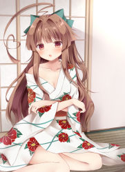 Rule 34 | 10s, 1girl, ahoge, bad id, bad pixiv id, bare shoulders, blush, bow, breasts, brown hair, cleavage, eyebrows, green bow, hair bow, heart, heart ahoge, highres, huge ahoge, japanese clothes, kantai collection, kimono, kuma (kancolle), long hair, looking at viewer, masayo (gin no ame), md5 mismatch, medium breasts, red eyes, solo