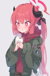 Rule 34 | 1girl, absurdres, baozi, black ribbon, blue archive, blush, eating, food, green jacket, grey background, hair between eyes, hair ribbon, highres, holding, hood, hood down, hooded jacket, horns, jacket, junko (blue archive), long hair, long sleeves, pink eyes, pointy ears, red hair, red scarf, ribbon, scarf, simple background, solo, steam, twintails, upper body, wep16night