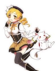 Rule 34 | 10s, :3, animal ears, bad id, bad pixiv id, beret, black legwear, blonde hair, blush, boots, corset, creature, detached sleeves, drill hair, fingerless gloves, gloves, hat, highres, jinpachi (jinpachi-pachi), kyubey, magical girl, mahou shoujo madoka magica, mahou shoujo madoka magica (anime), pointing, red eyes, running, short hair, short twintails, smile, striped clothes, striped thighhighs, thighhighs, thighhighs under boots, tomoe mami, twintails, vertical-striped clothes, vertical-striped thighhighs, yellow eyes