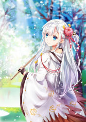 Rule 34 | 1girl, azur lane, bad id, bad pixiv id, bare tree, black gloves, blue eyes, blue sky, blunt bangs, blurry, blurry background, closed mouth, day, flower, from behind, gloves, hair flower, hair ornament, hair over shoulder, highres, holding, hood, hood down, japanese clothes, kimono, light rays, long hair, looking at viewer, looking back, mutang, nape, open mouth, outdoors, partially fingerless gloves, petals, pond, shoukaku (azur lane), sidelocks, silver hair, sky, smile, solo, tassel, tree, wide sleeves, wind