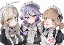 3girls absurdres alternate_costume braid brown_hair character_request dress goddess_of_victory:_nikke heart heterochromia highres maid maid_headdress miumiumi_99 multiple_girls phantom_(nikke) purple_hair single_braid translation_request upper_body