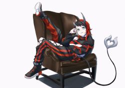 Rule 34 | 1girl, nanashi inc., armchair, black footwear, black hair, black jacket, black nails, black pants, black sports bra, blue eyes, breasts, chain, chair, commentary request, cropped jacket, cross-laced pants, demon girl, demon horns, demon tail, ear chain, full body, gin (tttetu123), highres, horns, jacket, large breasts, leg up, looking at viewer, multicolored hair, nail polish, open clothes, open jacket, pants, parted lips, pointy ears, red hair, red pants, red sports bra, ryugasaki rene, shoes, short hair, simple background, sitting sideways, sneakers, solo, sports bra, sugar lyric, tail, two-tone hair, two-tone pants, underboob, virtual youtuber, white background
