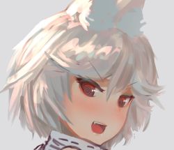 Rule 34 | 1girl, :d, animal ears, blush, commentary, ehrrr, fang, grey background, looking at viewer, open mouth, original, portrait, red eyes, ringed eyes, short hair, simple background, smile, solo, upper body, white hair