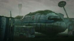 Rule 34 | air china, aircraft, airplane, airport, bus, drum (container), highres, license plate, motor vehicle, no humans, original, outdoors, post-apocalypse, ptsd0818, rain, scenery, science fiction