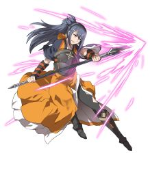 Rule 34 | 1girl, blue hair, boots, brown eyes, fire emblem, fire emblem fates, fire emblem heroes, full body, hairband, highres, japanese clothes, long hair, nintendo, oboro (fire emblem), official art, polearm, ponytail, solo, spear, teeth, transparent background, ueda yumehito, weapon
