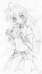 Rule 34 | &gt;:o, 00s, 1girl, :o, ahoge, armor, ayase hikaru, belt, bow, breasts, character name, clenched hands, closed mouth, cowboy shot, cropped jacket, crossed legs, faulds, fighting stance, fingerless gloves, gloves, grey background, greyscale, hair bow, juliet sleeves, long sleeves, looking at viewer, lyrical nanoha, mahou shoujo lyrical nanoha, mahou shoujo lyrical nanoha strikers, monochrome, navel, puffy sleeves, short hair, short shorts, shorts, simple background, sketch, solo, standing, stomach, subaru nakajima, translated, v-shaped eyebrows