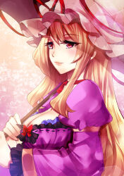Rule 34 | 1girl, blonde hair, breasts, cleavage, closed mouth, commentary request, from side, hat, hat ribbon, holding, holding umbrella, juliet sleeves, long hair, long sleeves, medium breasts, mob cap, nagare, puffy sleeves, red eyes, red ribbon, ribbon, solo, touhou, umbrella, upper body, white hat, yakumo yukari