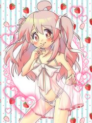 Rule 34 | 1girl, alternate hairstyle, babydoll, bare arms, bare shoulders, blush, bow, bow panties, breasts, brown eyes, commentary, cowboy shot, food, front slit, fruit, hair between eyes, hair ribbon, heart, highres, lingerie, long hair, looking at viewer, multi-strapped panties, nemu0701, onii-chan wa oshimai!, oyama mahiro, panties, pink bow, pink hair, ribbon, see-through, see-through babydoll, small breasts, smile, solo, strawberry, striped background, two side up, underwear, white babydoll, white panties, white ribbon