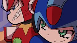 Rule 34 | 2boys, android, blonde hair, blue eyes, clenched teeth, close-up, commentary request, eyelashes, green eyes, helmet, long hair, male focus, mega man (series), mega man x (series), multiple boys, panty &amp; stocking with garterbelt, parody, penmiso, smile, style parody, teeth, upper body, x (mega man), zero (mega man)