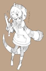 Rule 34 | 10s, 1girl, absurdres, bad id, bad twitter id, barefoot, commentary request, enk 0822, fang, greyscale, highres, hood, hoodie, kemono friends, leggings, lizard tail, long sleeves, monochrome, one eye closed, original, short hair, sidelocks, solo, star (symbol), striped, tail, translation request, western blue-tongued skink (kemono friends) (enk 0882)