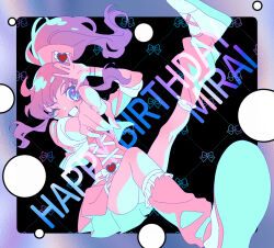Rule 34 | 1girl, arm up, bad id, bad twitter id, black background, blue eyes, character name, dress, floating hair, happy birthday, kiratto pri chan, leg up, leg warmers, long hair, looking at viewer, momoyama mirai, one eye closed, open mouth, outstretched arm, pink dress, pink hair, pointing, pointing at viewer, ponytail, pretty series, shoe soles, shoes, sidelocks, smile, solo, zashima