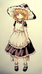 Rule 34 | 1girl, absurdres, apron, bad id, bad pixiv id, black footwear, black hat, black shirt, blonde hair, braid, closed mouth, commentary request, fingernails, frilled hat, frills, full body, hair ribbon, hat, highres, kirisame marisa, looking at viewer, marker (medium), pigeon-toed, ribbon, sasa kichi, shirt, shoes, smile, socks, solo, standing, touhou, traditional media, tress ribbon, white apron, white socks, witch hat, yellow eyes