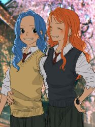 Rule 34 | 2girls, alternate costume, blue hair, blurry, blurry background, blush, cherry blossoms, closed eyes, collared shirt, commentary request, earrings, hand on another&#039;s hip, hand on own hip, highres, jewelry, long hair, long sleeves, looking at another, multiple girls, nami (one piece), necktie, nefertari vivi, one piece, orange hair, orange nails, outdoors, parted lips, pearl earrings, pleated skirt, red necktie, school uniform, shirt, single sidelock, skirt, sleeves rolled up, smile, sweater vest, upper body, urasanmyaku, watch, wavy hair, white shirt, wristwatch