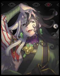Rule 34 | 1boy, ashiya douman (fate), asymmetrical clothes, asymmetrical hair, bad id, bad pixiv id, bell, black eyes, black hair, curly hair, earrings, eyeshadow, fate/grand order, fate (series), fingernails, green eyeshadow, green kimono, green lips, green nails, hair bell, hair between eyes, hair intakes, hair ornament, hand up, highres, japanese clothes, jewelry, kimono, lipstick, long hair, magatama, magatama earrings, makeup, male focus, multicolored hair, nail polish, nezunomori, onmyouji, open clothes, open kimono, ribbed sleeves, sharp fingernails, shikigami, smile, solo, split-color hair, toned, toned male, two-tone hair, upper body, very long fingernails, very long hair, white hair