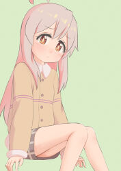 Rule 34 | 1girl, ahoge, arms at sides, bare legs, brown eyes, brown skirt, commentary request, easy (aqk7bdqt), feet out of frame, fur-trimmed sleeves, fur trim, green background, hair between eyes, jacket, long hair, long sleeves, onii-chan wa oshimai!, orange jacket, oyama mahiro, pink hair, plaid, plaid skirt, simple background, sitting, skirt, solo