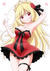 Rule 34 | 1girl, aged up, armpits, blonde hair, blush, breasts, cleavage, dress, ecute, flower, hair flower, hair ornament, highres, imai kazunari, jashin-chan dropkick, large breasts, long hair, looking at viewer, open mouth, red dress, red eyes, rose, simple background, solo, white background