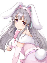 Rule 34 | 1girl, animal ears, bare shoulders, blush, bow, closed mouth, commentary request, elbow gloves, fake animal ears, fake tail, fingerless gloves, from behind, gloves, grey hair, highres, idolmaster, idolmaster shiny colors, kuroba aki, long hair, looking at viewer, looking back, pink bow, pink gloves, purple eyes, rabbit ears, rabbit tail, simple background, smile, solo, tail, very long hair, white background, yukoku kiriko