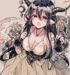 Rule 34 | 1girl, black gloves, black hair, breasts, cleavage, danua, dress, fingerless gloves, gloves, granblue fantasy, hair between eyes, hands up, horn ornament, horns, ikeuchi tanuma, jacket, jewelry, large breasts, long hair, looking at viewer, necklace, open clothes, open jacket, open mouth, pointy ears, red eyes, sketch, solo, white dress