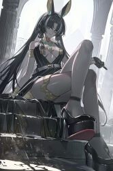 Rule 34 | 1girl, :d, absurdres, animal ears, ankh, aqua eyes, armlet, bare shoulders, black dress, black hair, bracelet, breasts, center opening, crossed legs, dark-skinned female, dark skin, dress, echj, egyptian, gloves, half gloves, high heels, highres, jewelry, long hair, looking at viewer, medium breasts, open mouth, original, pillar, pyramid (structure), sitting, smile, solo, stairs, thighlet, usekh collar, very long hair