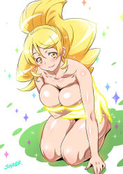 Rule 34 | 10s, 1girl, blonde hair, blush, breasts, cleavage, cure honey, happinesscharge precure!, joy ride, large breasts, long hair, looking at viewer, nude, oomori yuuko, precure, seiza, sitting, smile, solo, sparkle, wide ponytail, yellow eyes