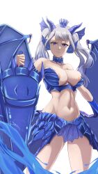 Rule 34 | 1girl, abs, absurdres, areola slip, armor, black clover, breasts, breasts out, choker, crown, curvy, dragon girl, dragon horns, dragon wings, gauntlets, gloves, grey hair, highres, holding, holding weapon, horns, lance, large breasts, long hair, looking at viewer, midriff, miniskirt, navel, no bra, no panties, noelle silva, polearm, purple eyes, simple background, skirt, stomach, the amazing gambit, thick thighs, thighs, twintails, water, weapon, white background, wide hips, wings