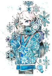 Rule 34 | 1girl, artist name, blue eyes, blue shorts, covering own mouth, cowboy shot, cropped legs, looking at viewer, maruti bitamin, mittens, one eye closed, original, scarf, short hair, shorts, simple background, snow, snowflake print, snowflakes, snowing, solo, white background, white hair