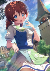 Rule 34 | 1girl, :d, alternate costume, apron, b.ren, bib, blue eyes, blue shirt, blush, breasts, brown hair, church, clothes lift, cloud, cloudy sky, cowboy shot, day, drill hair, dutch angle, emma verde, female focus, floral print, freckles, green apron, hand to own mouth, highres, layered skirt, lifting own clothes, light rays, looking at viewer, love live!, love live! nijigasaki high school idol club, medium breasts, medium hair, open mouth, outdoors, puffy short sleeves, puffy sleeves, shirt, short sleeves, skirt, skirt lift, sky, smile, solo, town, tree, twintails, two-tone shirt, white shirt, white skirt