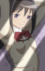 Rule 34 | 1girl, absurdres, akemi homura, arms up, black hair, black hairband, bow, bowtie, breasts, closed mouth, collar, commentary, hairband, highres, light, light blush, looking at viewer, mahou shoujo madoka magica, mahou shoujo madoka magica (anime), mamold duck, mitakihara school uniform, purple eyes, red bow, red bowtie, school uniform, shadow, small breasts, smile, solo, upper body, white collar