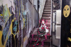 Rule 34 | 1girl, absurdly long hair, black bodysuit, blurry, blurry foreground, bodysuit, character request, closed mouth, commentary, cropped jacket, facial mark, forehead mark, full body, gloves, graffiti, horns, jacket, long hair, photo background, pokimari, red gloves, red hair, shinsekai keikaku sinsekai city project, sitting, smile, solo, stairs, very long hair, virtual youtuber, white jacket