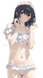 Rule 34 | 1girl, bikini, black hair, blush, breasts, closed mouth, collarbone, commentary request, frilled bikini, frills, gin00, hands up, highres, idolmaster, idolmaster shiny colors, legs together, long hair, looking at viewer, morino rinze, navel, off-shoulder bikini, off shoulder, red eyes, simple background, small breasts, solo, standing, straight hair, swimsuit, white background, white bikini